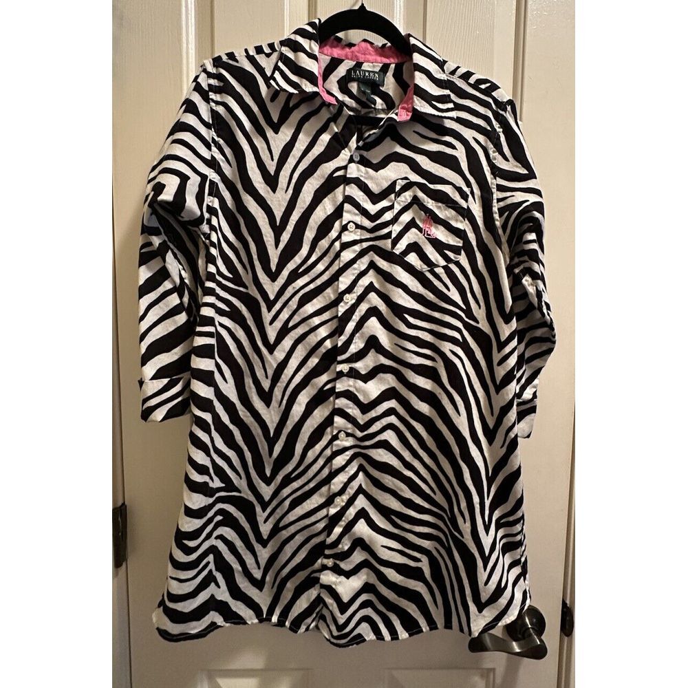 Lauren Ralph Lauren‎ Cotton Embroidered Zebra Print Pajama Sleep shirt Size M